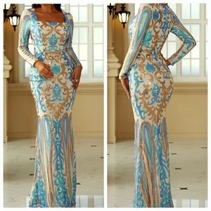 Blue, Baroque Print, Long Sleeved,  Square Neck, Mermaid Gown for Specia…